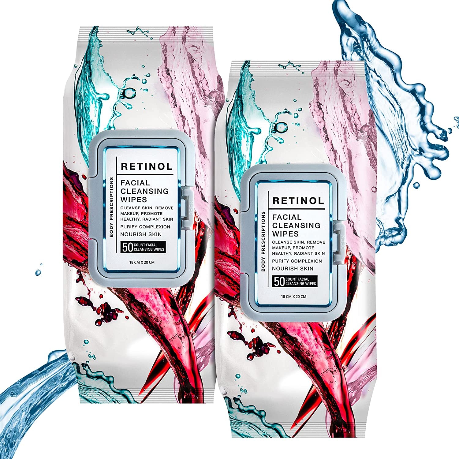 Retinol Facial Cleansing and Gentle Make up Remover Wipes - 2 Pack (50 Count Each) |